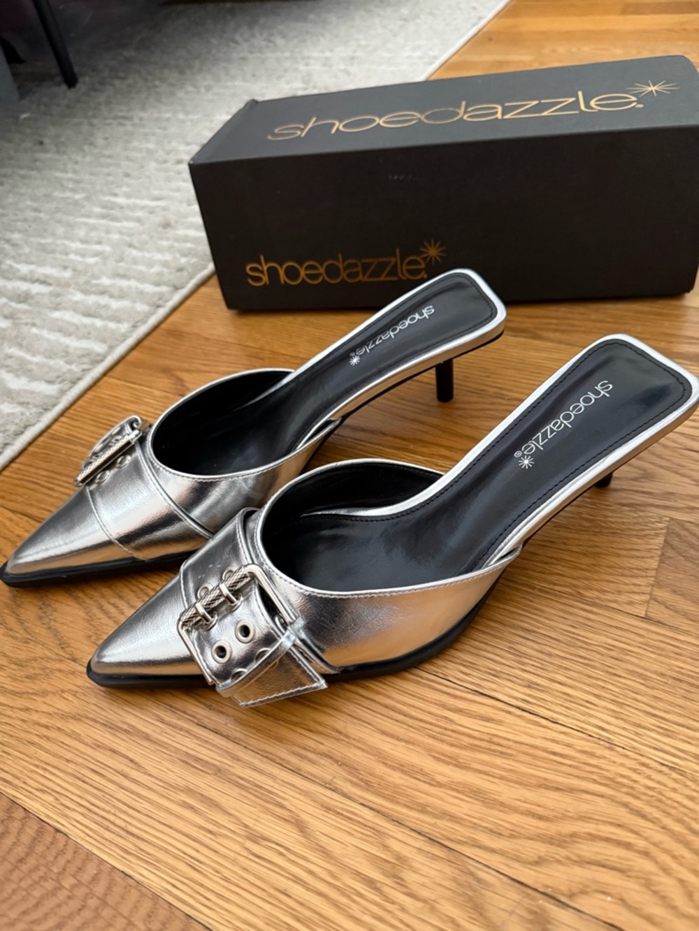 Silver Pointed Toe Kitten Heels with Buckle